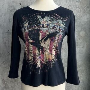 Las Vegas Harley Davidson Black 3/4 Sleeve Rhinestone Embellished Y2K Tee-Size L